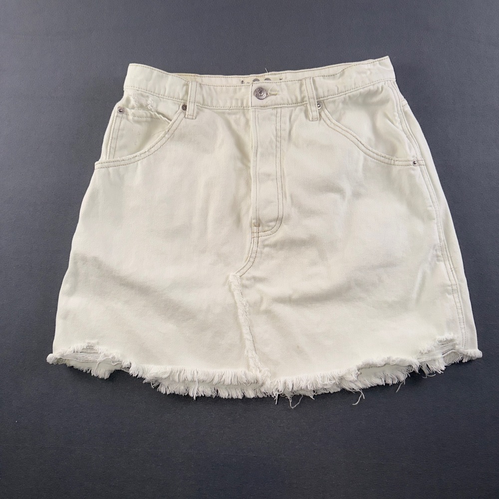 Free People We The Free Cream Denim Mini Skirt Distressed Frayed Hem Size 30